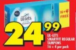 Shoprite LIL-LETS SMARTFIT REGULAR TAMPONS 16+4 per pack offer