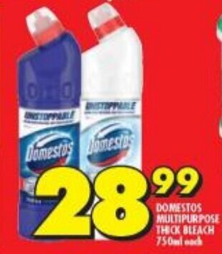 Shoprite DOMESTOS MULTIPURPOSE THICK BLEACH 750mlack DOMESTOS MULTIPURPOSE THICK BLEACH 750ml each offer