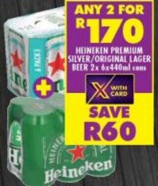 Shoprite HEINEKEN PREMIUM SILVER/ORIGINAL LAGER BEER 2x 6x440ml cans offer