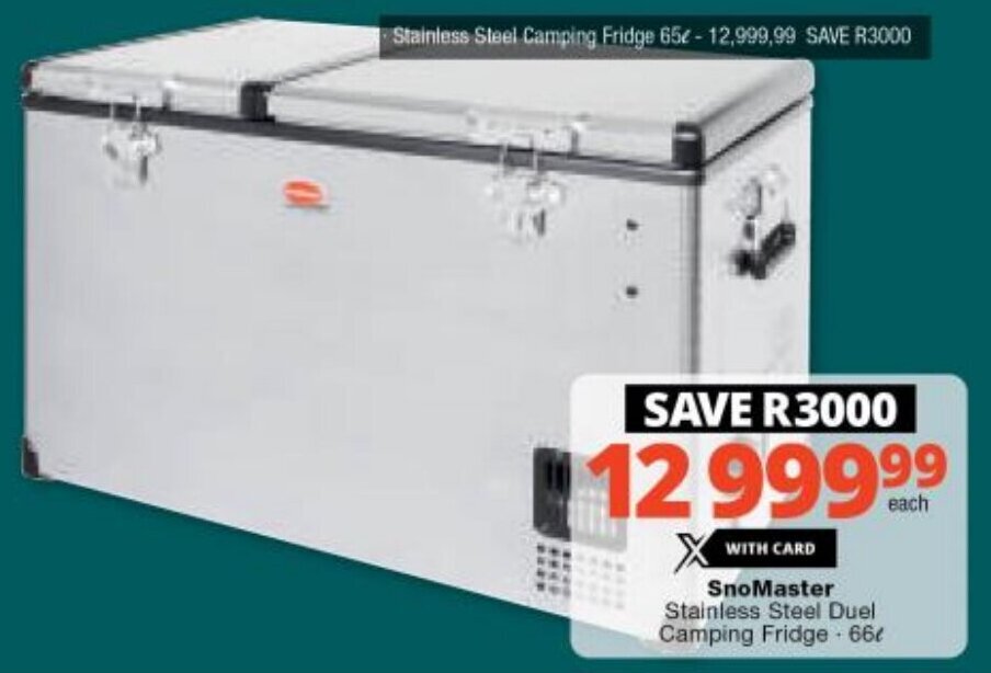 SnoMaster Stainless Steel Duel Camping Fridge 66L offer at Checkers