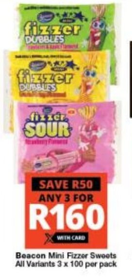 Checkers Beacon Mini Fizzer Sweets All Variants 3 x 100 per pack offer