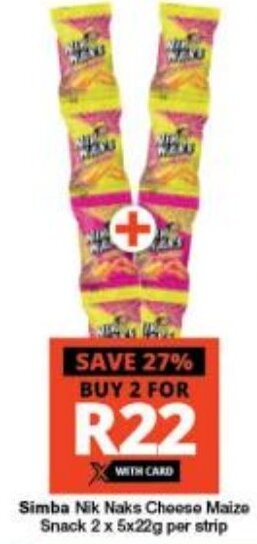 Checkers Simba Nik Naks Cheese Maize Snack 2 x 5x22g per strip offer