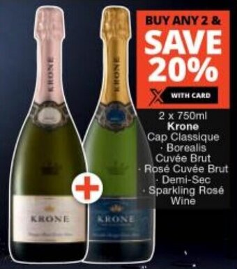 Checkers 2 x 750ml Krone Cap Classique Borealis Cuvée Brut Rosé Cuvée Brut Demi-Sec Sparkling Rosé Wine offer