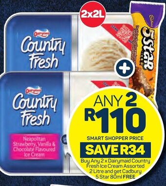 Pick n Pay Buy Any 2 x Dairymaid Country Fresh Ice Cream Assorted 2 Litre and get Cadbury 5 Star 80ml FREE offer