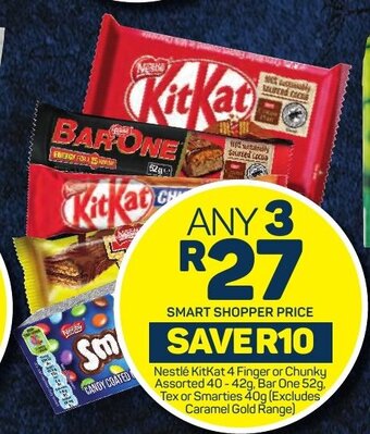 Pick n Pay Nestlé KitKat 4 Finger or Chunky Assorted 40-42g, Bar One 52g, Tex or Smarties 40g (Excludes Caramel Gold Range) offer