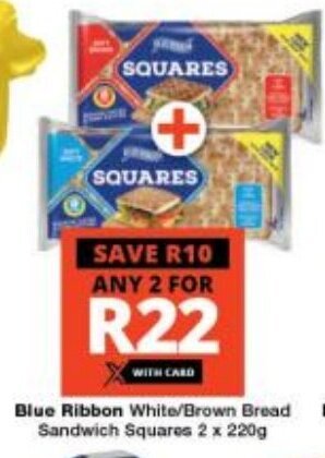 Checkers Blue Ribbon White/Brown Bread Sandwich Squares 2 x 220g offer