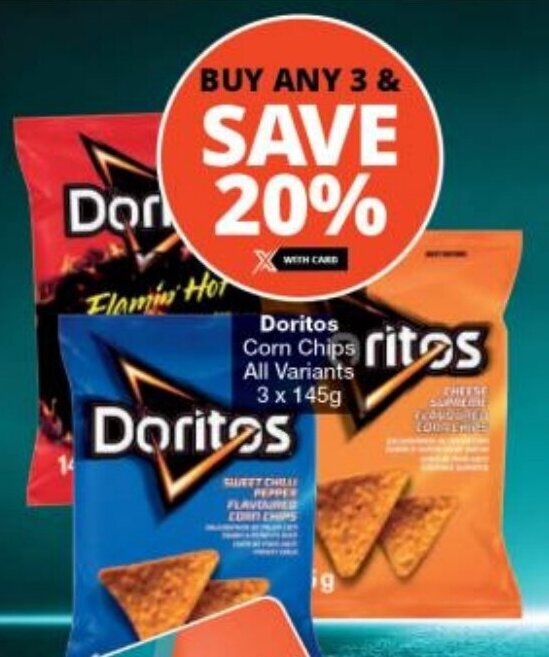 Doritos Corn Chips All Variants 3x145g offer at Checkers
