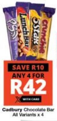 Checkers Cadbury Chocolate Bar All Variants x 4 offer