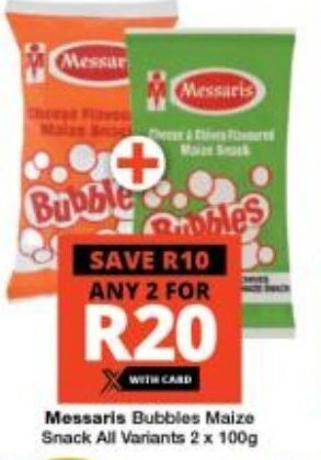 Checkers Messaris Bubbles Maize Snack All Variants 2 x 100g offer