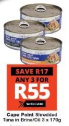 Checkers Cape Point Shredded Tuna in Brine/Oil 3 x 170g offer