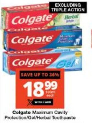 Checkers Colgate Maximum Cavity Protection/Gel/Herbal Toothpaste offer