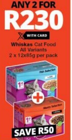 Checkers Whiskas Cat Food All Variants 2 x 12x85g per pack offer