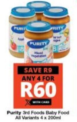 Purity 3rd Foods Baby Food All Variants 4 x 200ml offer at Checkers