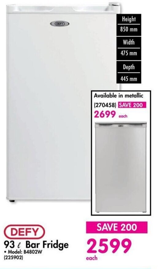 DEFY 93 L Bar Fridge offer at Makro
