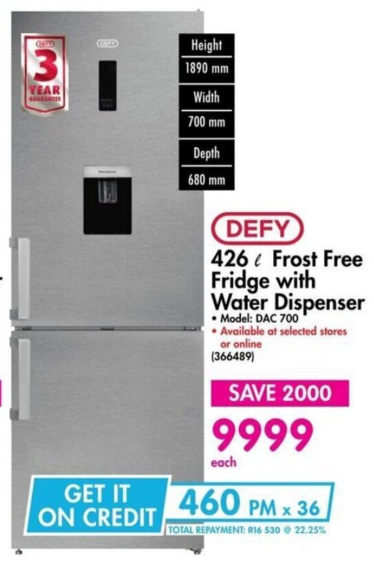 DEFY 426 L Frost Free Fridge with Water Dispenser offer at Makro