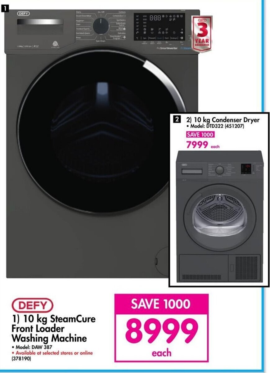 DEFY 1) 10 kg SteamCure Front Loader Washing Machine offer at Makro