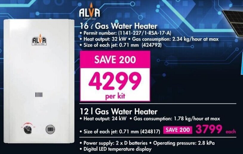 ALVA 16L Gas Water Heater 12 Gas Water Heater offer at Makro