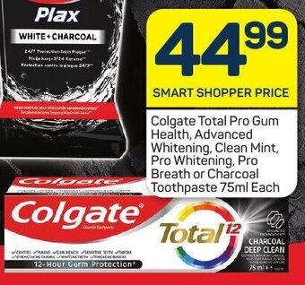 Pick n Pay Colgate Total Pro Gum Health, Advanced Whitening, Clean Mint, Pro Whitening, Pro Breath or Charcoal Toothpaste 75ml Each offer