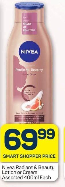 Pick n Pay Nivea Radiant & Beauty Lotion or Cream Assorted 400ml Each offer