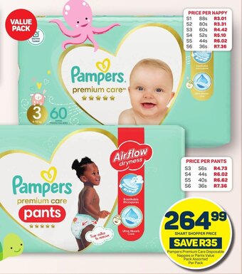 Pick n Pay Pampers Premium Care Disposable Nappies or Pants Value Pack Assorted Per Pack offer