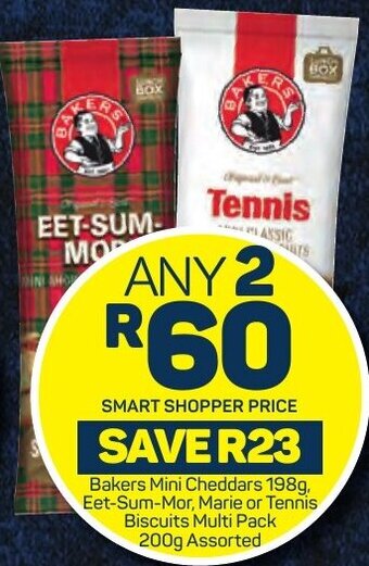 Pick n Pay Bakers Mini Cheddars 198g, Eet-Sum-Mor, Marie or Tennis Biscuits Multi Pack 200g Assorted offer