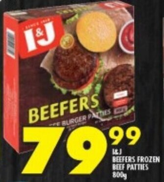 Shoprite I&J BEEFERS FROZEN BEEF PATTIES 800g offer