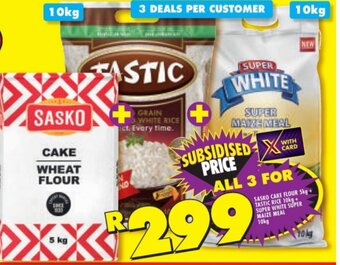 Shoprite SASKO CAKE FLOUR 5kg + TASTIC RICE 10kg + SUPER WHITE SUPER MAIZE MEAL 10kg offer