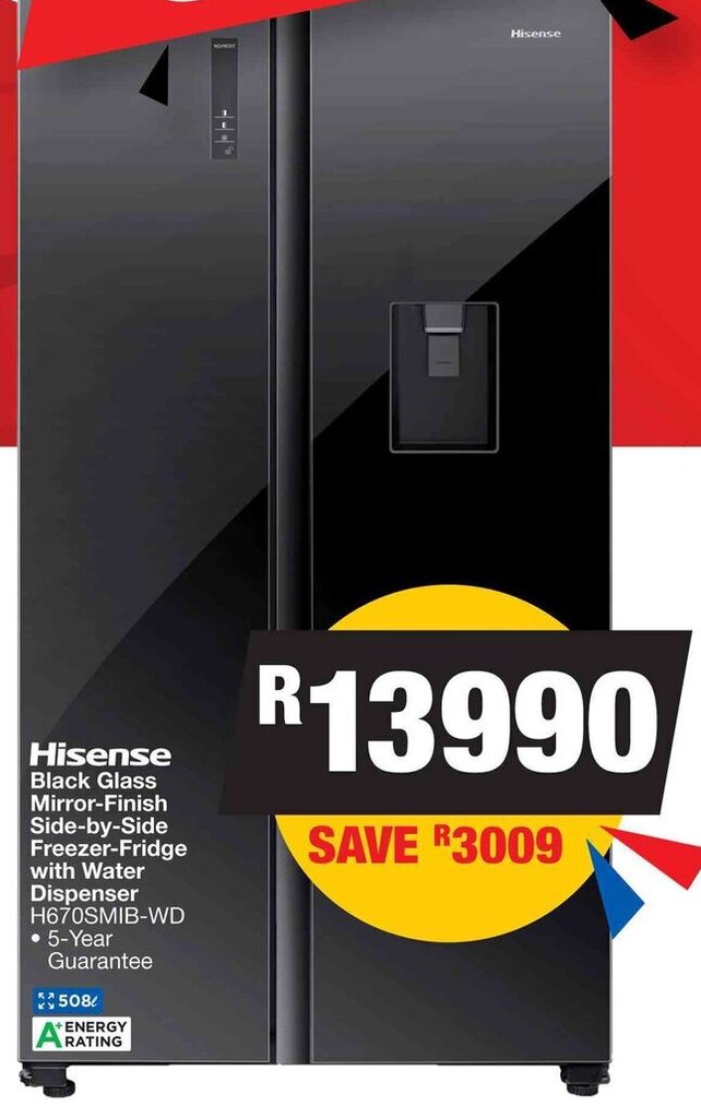 Hisense Black Glass Mirror Finish Side by Side Freezer Fridge with Water Dispenser offer at OK