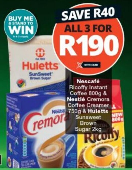 Nescafé Ricoffy Instant Coffee 800g & Nestlé Cremora Coffee Creamer 750g & Huletts Sunsweet