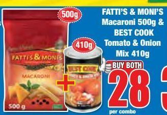 Boxer Fatti`s moni`s macaroni 500g & best cook tomato & onion mix 410g offer