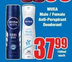 Boxer Nivea male / female anti-perspirant deodorant offer