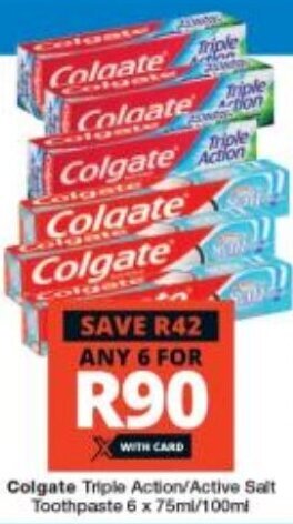 Checkers Colgate Triple Action Active Salt Toothpaste 6 x 75ml/100ml offer