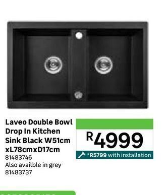 Leroy Merlin Laveo double bowl drop in kitchen sink black w51cmxl78cmxd17cm offer