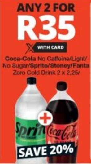 Checkers Coca-Cola No Caffeine Light No Sugar Sprite Stoney Fanta Zero Cold Drink 2 x 2,25L offer
