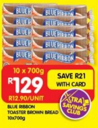 Shoprite Blue Ribbon Toaster Brown Bread 10x700g offer