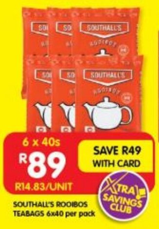 Shoprite SOUTHALL'S ROOIBOS TEABAGS 6x40 per pack offer