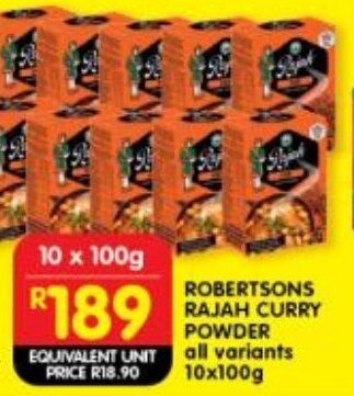 Shoprite ROBERTSONS RAJAH CURRY POWDER all variants 10x100g offer