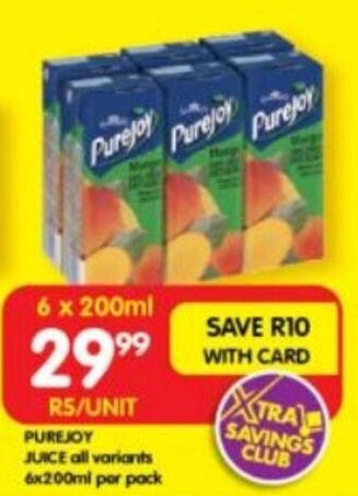 Shoprite PUREJOY JUICE all variants 6x200ml per pack offer