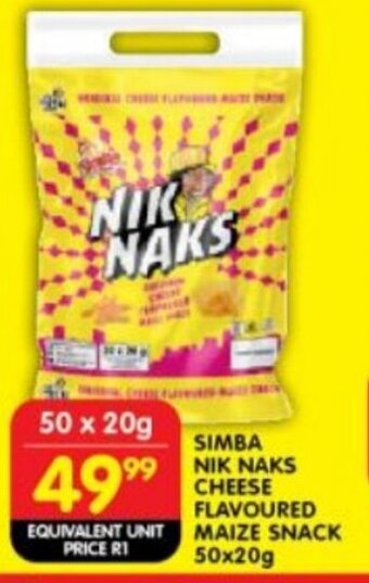 Shoprite SIMBA NIK NAKS CHEESE FLAVOURED MAIZE SNACK 50x20g offer