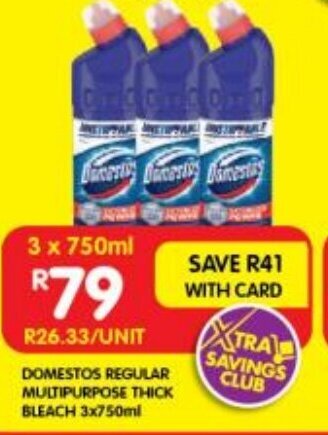Shoprite DOMESTOS REGULAR MULTIPURPOSE THICK BLEACH 3x750ml offer