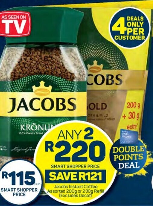 Jacobs Instant Coffee Assorted 200g or 230g Refill offer at Pick n Pay