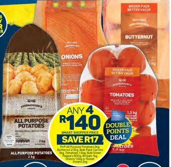 Pick n Pay PnP All Purpose Potatoes 2kg. Butternut 2.5kg, Bulk Pack Carrots 3kg. Tomatoes 1.5kg. Bulk Green Peppers 800g, Brinjals 1kg. offer