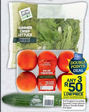 Pick n Pay PnP English Cucumber, Summer Crisp Lettuce 150g or Tomato Salad Pre-pack offer