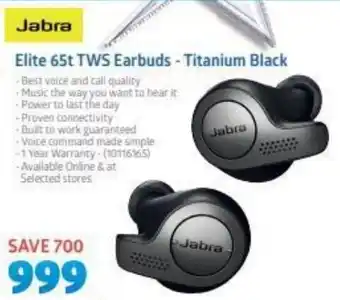 Incredible Connection Jabra Elite 65t TWS Earbuds - Titanium Black offer