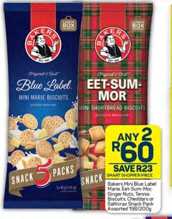 Pick n Pay Bakers Mini Blue Label Marie, Eet-Sum-Mor, Ginger Nuts, Tennis Biscuits, Cheddars or Salticrax Snack Pack Assorted 198/200g offer