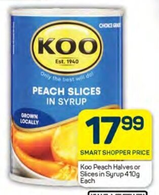 Pick n Pay Koo Peach Halves or Slices in Syrup 410g Each offer