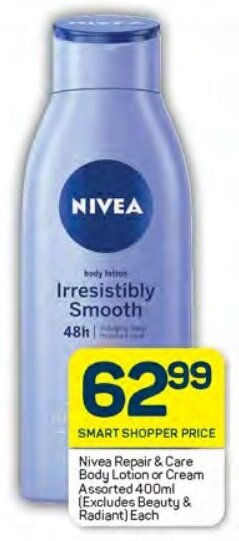 Pick n Pay Nivea Repair & Care Body Lotion or Cream Assorted 400ml (Excludes Beauty & Radiant) Each offer