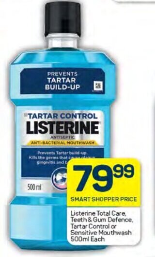 Listerine Total Care, Teeth & Gum Defence, Tartar Control or Sensitive Mouthwash 500ml Each