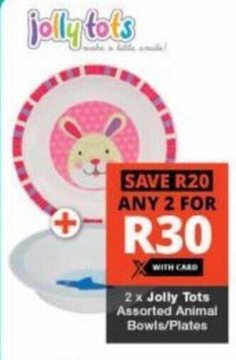 Checkers 2 x Jolly Tots Assorted Animal Bowls/Plates offer