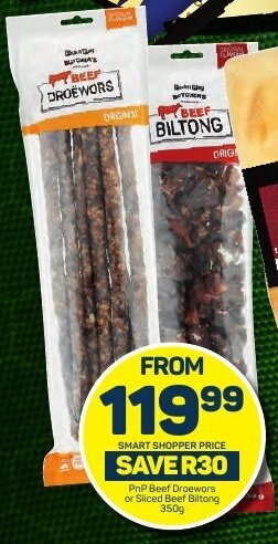Pick n Pay PnP Beef Droewors or Sliced Beef Biltong 350g offer